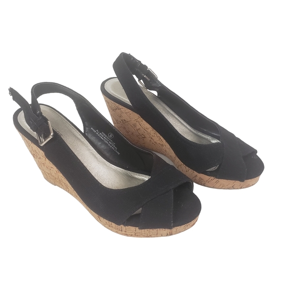 Maurices Wedge Sandals Size 9 Danielle Black Canvas Peep Toe Platform - Picture 2 of 5